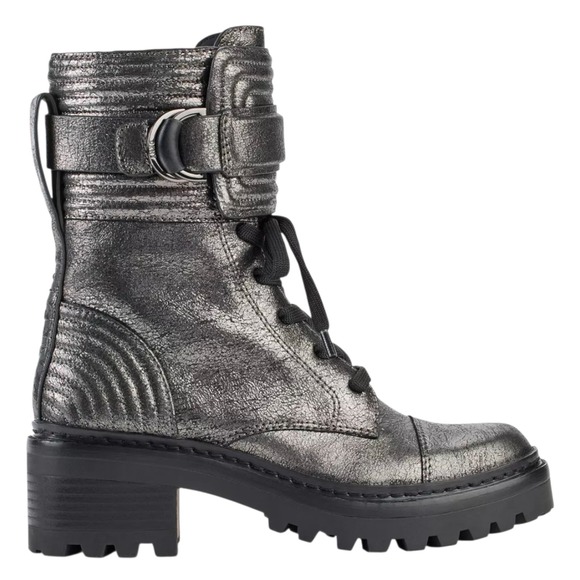DKNY Women Metallic Silver Quilted Buckled Lug Sole Combat Chunky Boot Goth $159 - Picture 3 of 10